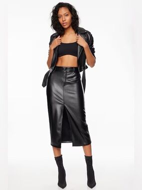 🆕 Dynamite | Black Faux Leather Midi Pencil Skirt with Front Slit and Pockets